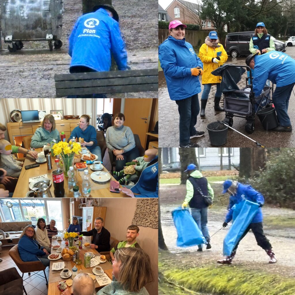 A collage shows people wearing blue Plan International jackets picking up litter outdoors, and groups of people sitting indoors around tables with food, smiling and talking.