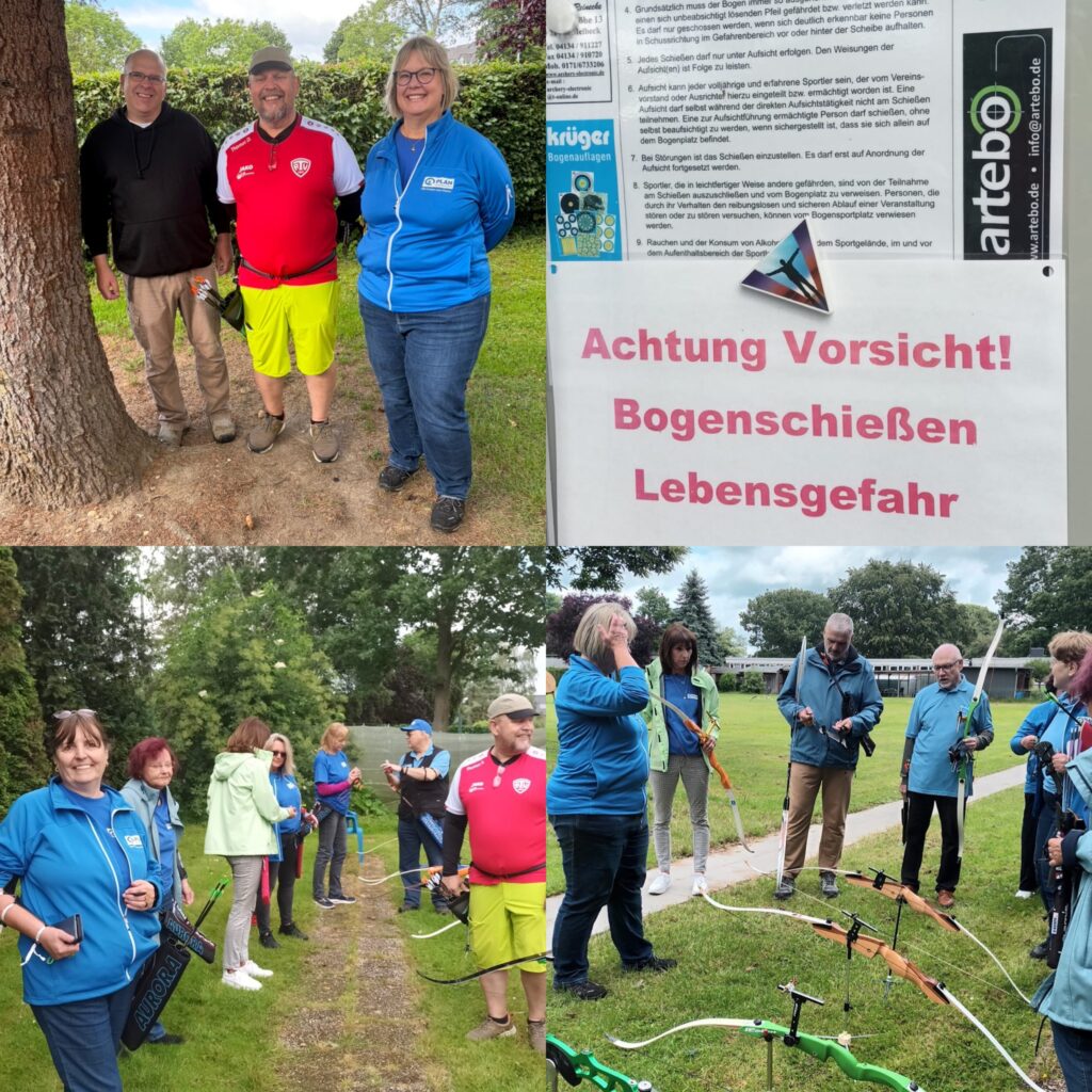 Eine Collage zeigt Menschen, die mit Pfeil und Bogen im Freien stehen; einige posieren neben einem Baum, andere bereiten sich auf den Schuss vor. Auf einem großen Schild steht: „Achtung Vorsicht! Bogenschießen – Lebensgefahr“ – eine Warnung vor den Gefahren des Bogenschießens.