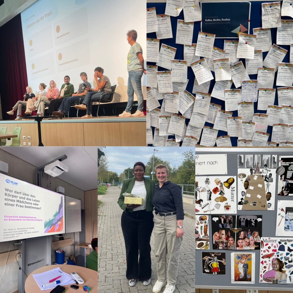 Collage, die eine Podiumsdiskussion, eine mit handschriftlichen Notizen bedeckte Tafel, einen Vortrag über Mädchenrechte, zwei im Freien stehende Frauen sowie eine Pinnwand mit einer Collage aus Bildern und Text zeigt.